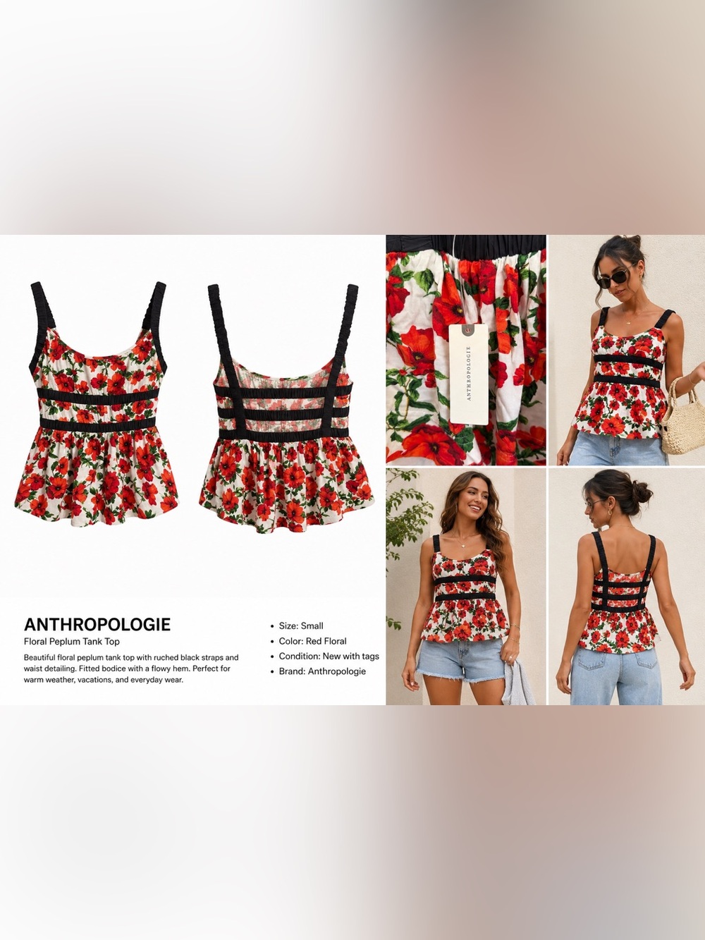 Anthropologie Red Floral Peplum Tank Top